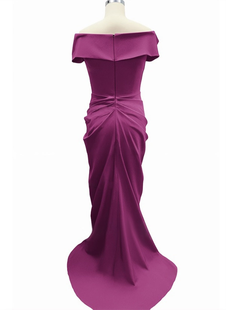 Off-the-shoulder Floor-Length Trumpet/Mermaid Mother Of the Bride Dresses Featuring Pleats Slit & Zipper