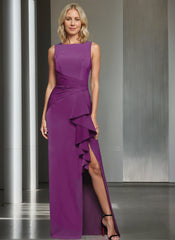Floor-Length Sleeveless Sheath/Column Mother of the Bride Dress with Ruched Detail Ruffles & Slit