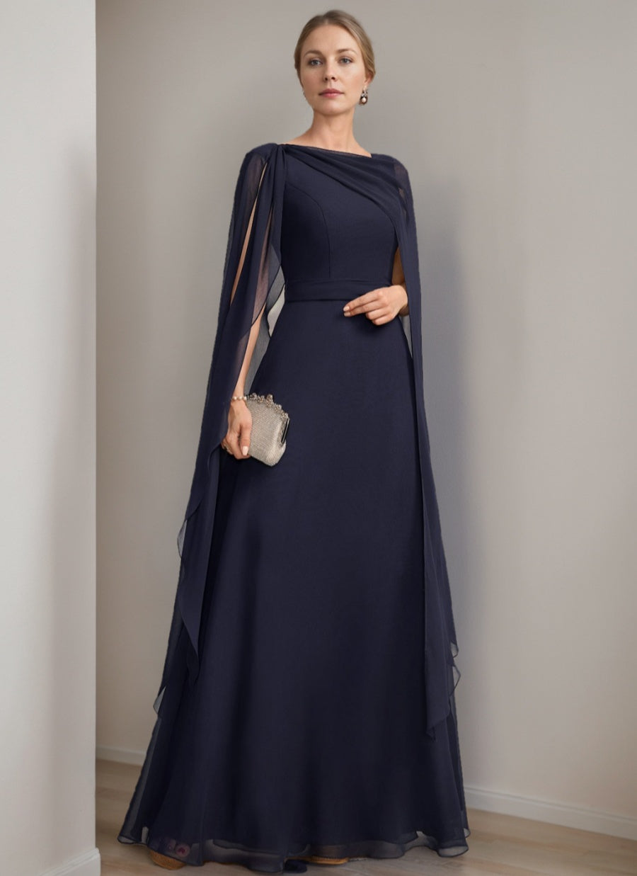 Princess A-Line Floor-Length Mother of the Bride Dress with Cape Sleeves Bow and Ruffles