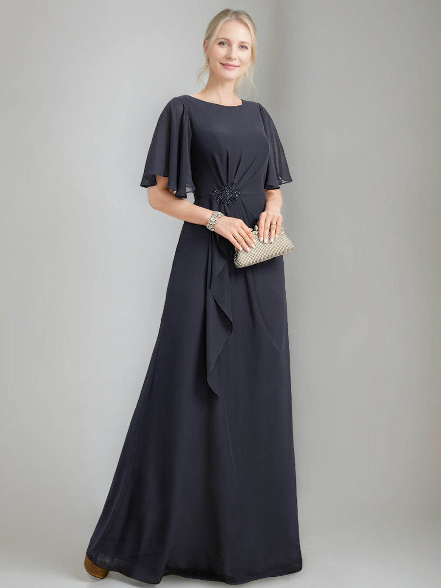 Princess A-line Jewel Neck Floor-Length Mother of the Bride Dress with Ruffles Crystals and Beads