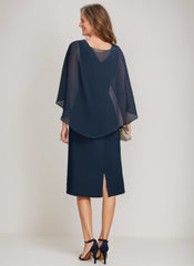 Tea-Length Mother of the Bride Sheath Dress with Detachable Beaded Cape and Ruffles