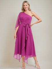 One-Shoulder A-Line Princess Dress with Asymmetrical Ruched Detail and Bow Sash for the Mother of the Bride