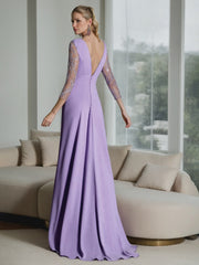 Plunge V-Neck A-Line Princess Jumpsuit for the Mother of the Bride with Ruched Embroidered Tulle Sleeves & Bow