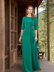Floor-Length Mother of the Bride Dress with Floral Applique & Dotted Tulle Draping 1/2 Sleeves Sheath/Column Neckline