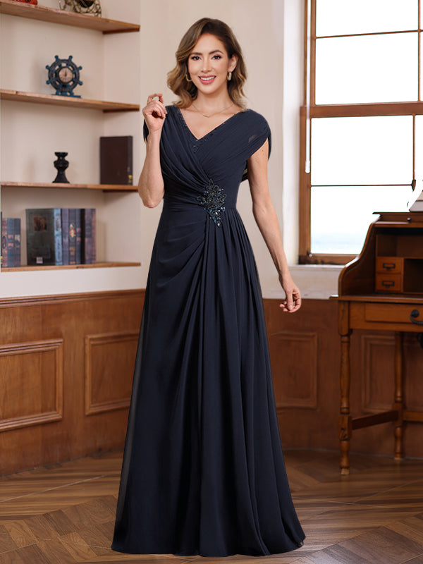 V-Neck A-Line Princess Floor-Length Dresses for Mothers of the Bride & Groom with Ruched Pleats Jewel Appliques & Sequins