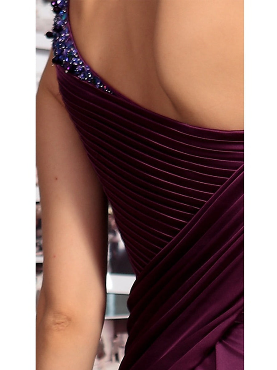 One Shoulder Sleeveless Floor Length Mother of the Bride Dress with Crystal Pleats and Draping