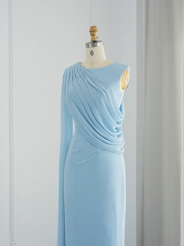 Sleeveless Cowl Neck Chiffon Prom Dress with Feather Ruched Slit and Sheath/Column Sweep/Brush Train