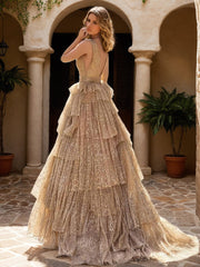 Sleeveless V-Neck A-Line/Princess Evening Dresses with Shiny Belt & Ruffles