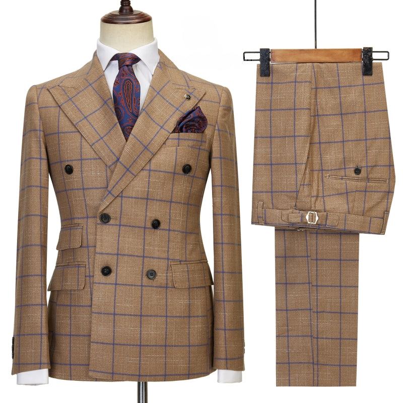 Mark Elegant Coffee Plaid Peak Lapel Double Breasted Business Suit