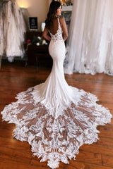 Sexy Mermaid Floor-Length Stain V-Neck Sleeveless Lace Wedding Dresses with Appliques