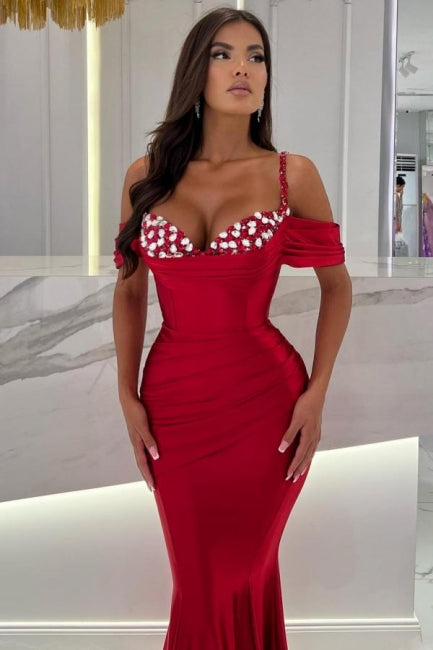 Amazing Long Mermaid Red Off-The-Shoulder Spaghetti Straps Floor-Length Stain Prom Dresses with Ruffles