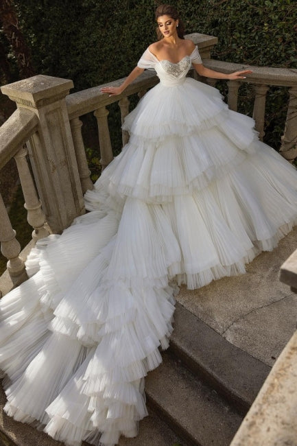 Luxury Off the Shoulder White Tulle Wedding Dress with Ruffles