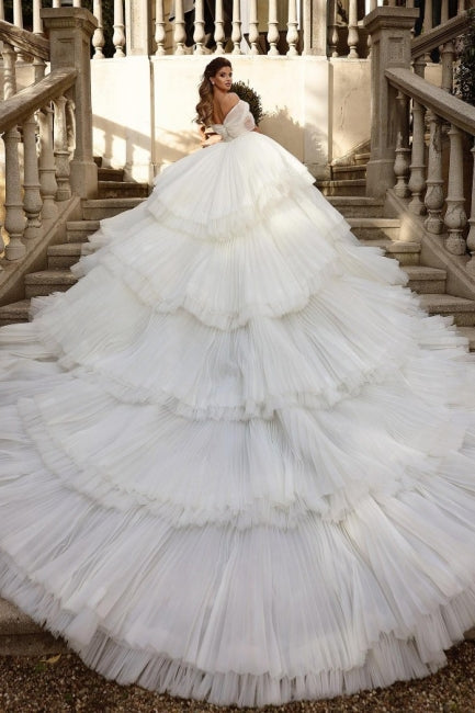 Luxury Off the Shoulder White Tulle Wedding Dress with Ruffles