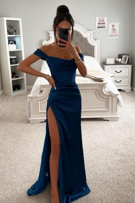 Dark Navy A-line Off the shoulder high split Prom Dress