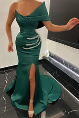 One shoulder Emerald green front Beadings Prom Dress with Split