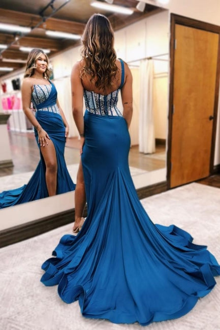 One shoulder Ocean Blue Silver Split Prom Dress with Beadings