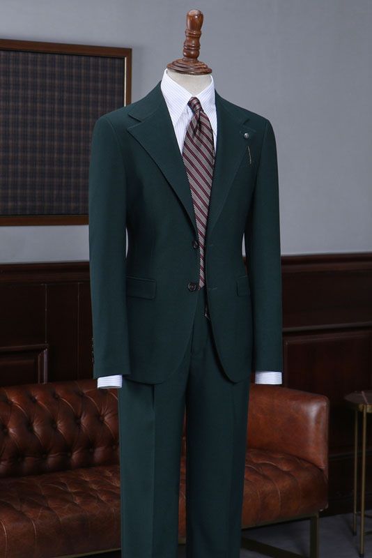 Page Fashionable Dark Green Notched Lapel Slim Fit Tailored Business Suit