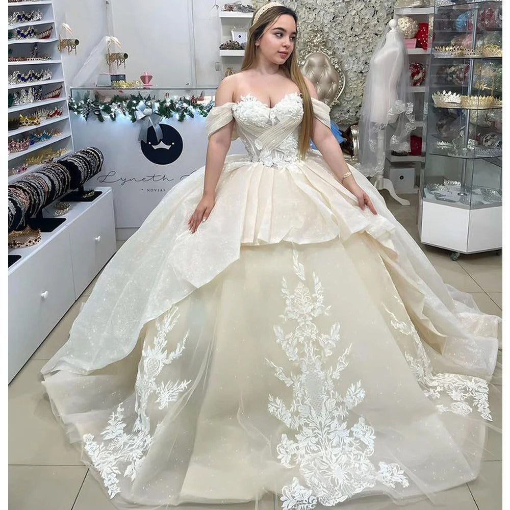 Exquisite Off-Shoulder Ball Gown with Lace Applique & Tiered Tulle Ruffles Quinceanera & Formal Evening Gown for Sweet 16