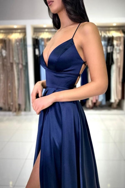Sexy Long Simple Navy Blue Spaghetti Straps Prom Dress with Elegant Sl Newinlook Sexy Long Simple Navy Blue Spaghetti Straps Prom Dress with Elegant Sl Newinlook