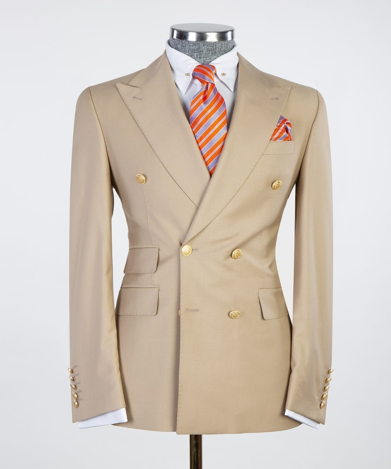 Sinclair Fashionable Khaki Double Breasted Peak Lapel Business Men’s Suits