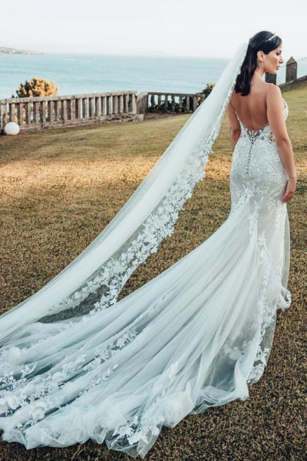 Unique Sleeveless V-Neck Tulle Floor-Length Wedding Dress Lace