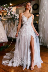 Sexy A-Line Sleeveless V-neck Straps Split Court Train Wedding Dress