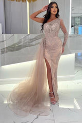 Sweethearts Split Front Column Tul Manga larga Un hombro Vestidos de fiesta con apliques