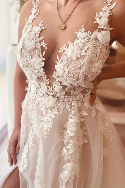 Beautiful Long A-Line Tulle Sleeveless Spaghetti Straps Split Front Wedding Dresses with Appliques