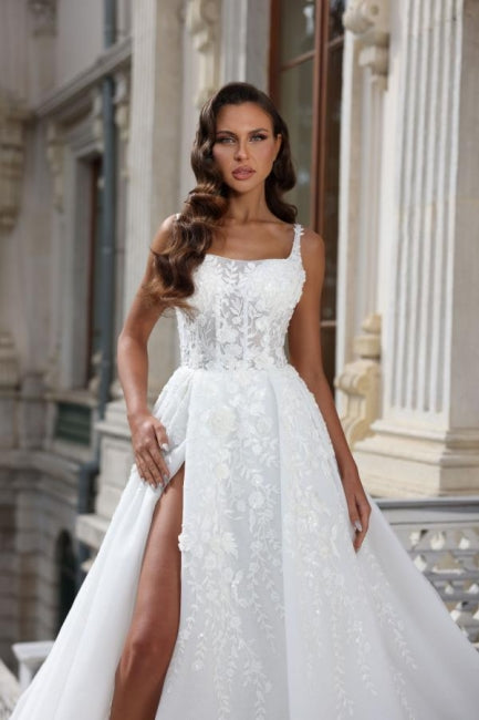 A-Line Square Neck Appliques Stain Sleeveless Wedding Dress with High Split