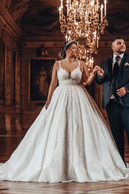Luxury Sweetheart Ball Gown Straps Stain Wedding Dress with Appliques
