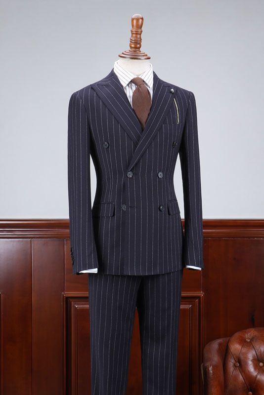 Ted Affordable Navy Blue Striped Slim Fit Custom Business Suit
