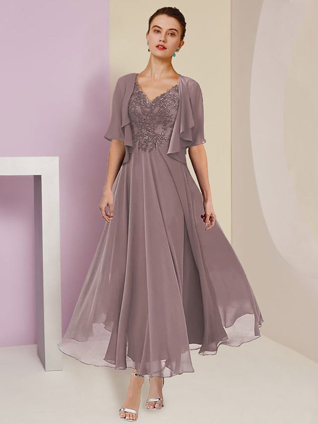 Elegant V-Neck A-Line Princess Tea-Length Dresses for the Mother of the Bride