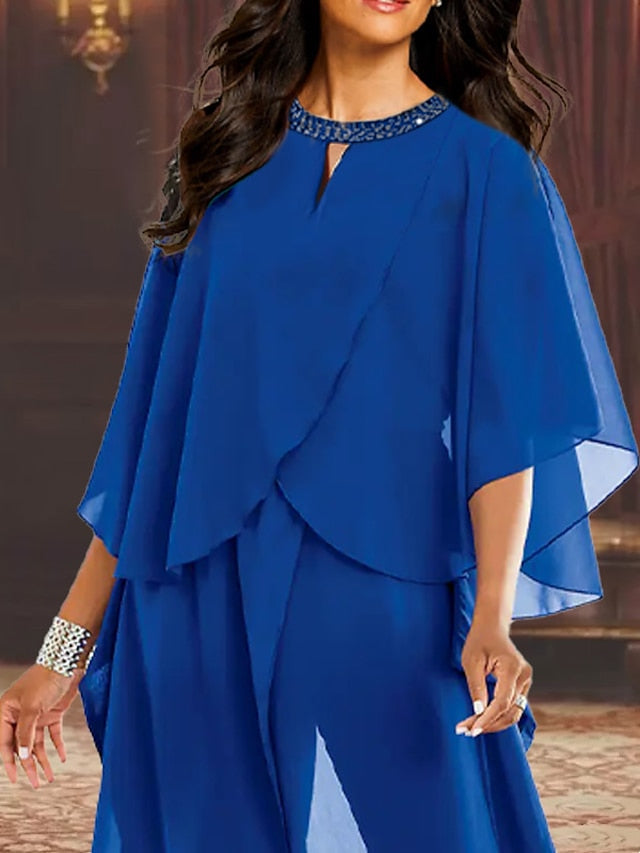 Elegant Mother of the Bride Scoop Neck Chiffon Pantsuits
