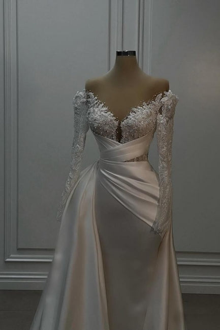 Vintage Long White A-line Off-the-shoulder Lace Beaded Wedding Dress w Newinlook Vintage Long White A-line Off-the-shoulder Lace Beaded Wedding Dress w Newinlook