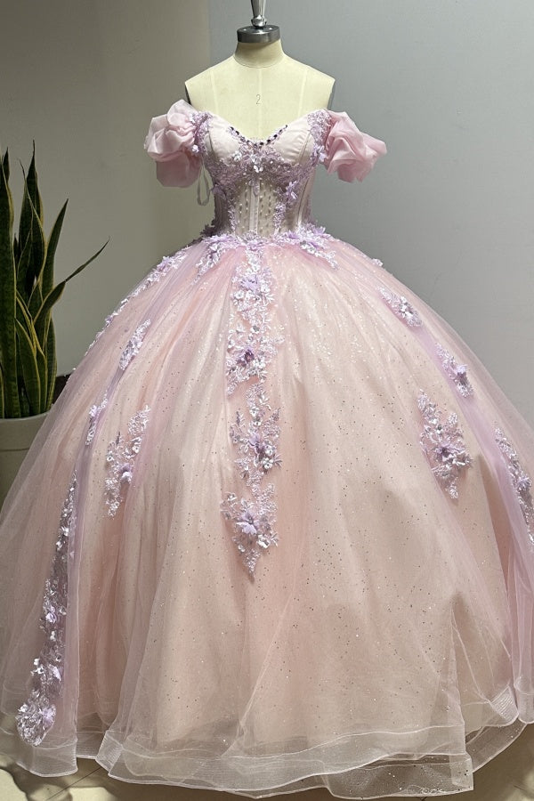 Pink Tulle Princess Ball Gown Sweetheart Neckline with Puff Sleeves Lace Appliques & Beaded Details for Quinceanera Sweet 16 or Evening Galas