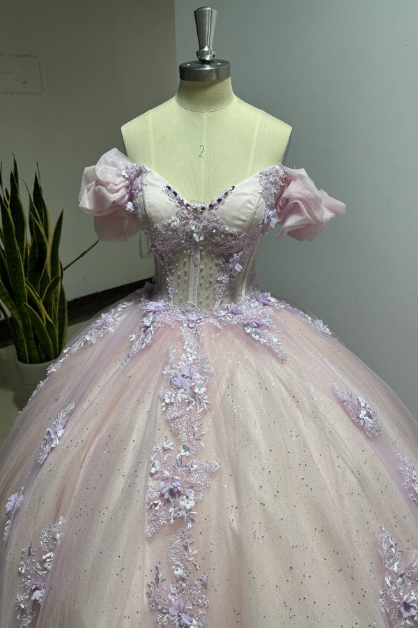 Pink Tulle Princess Ball Gown Sweetheart Neckline with Puff Sleeves Lace Appliques & Beaded Details for Quinceanera Sweet 16 or Evening Galas