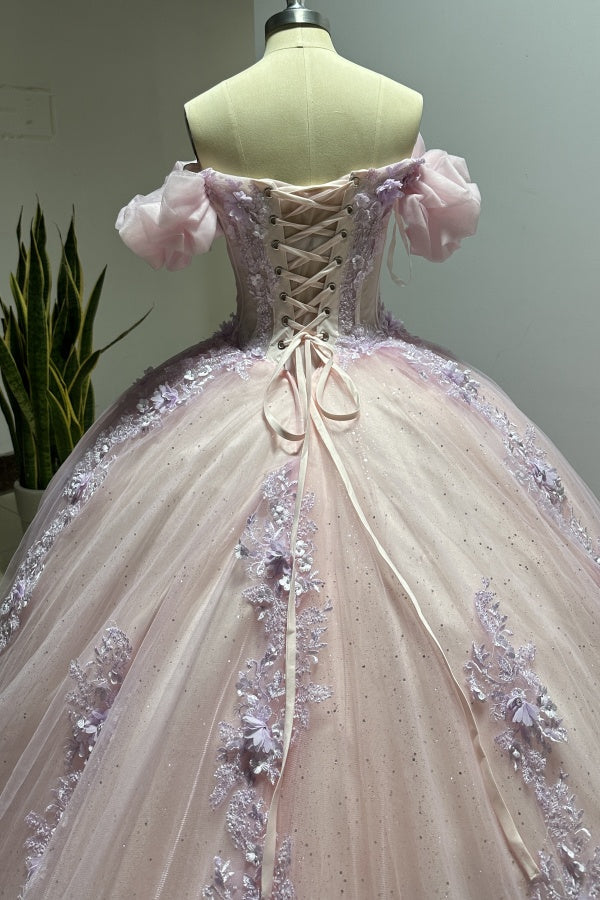 Pink Tulle Princess Ball Gown Sweetheart Neckline with Puff Sleeves Lace Appliques & Beaded Details for Quinceanera Sweet 16 or Evening Galas