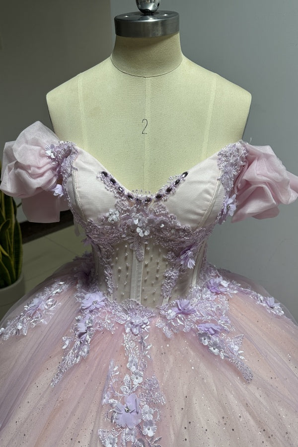 Pink Tulle Princess Ball Gown Sweetheart Neckline with Puff Sleeves Lace Appliques & Beaded Details for Quinceanera Sweet 16 or Evening Galas