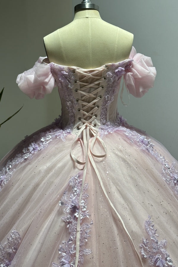 Pink Tulle Princess Ball Gown Sweetheart Neckline with Puff Sleeves Lace Appliques & Beaded Details for Quinceanera Sweet 16 or Evening Galas