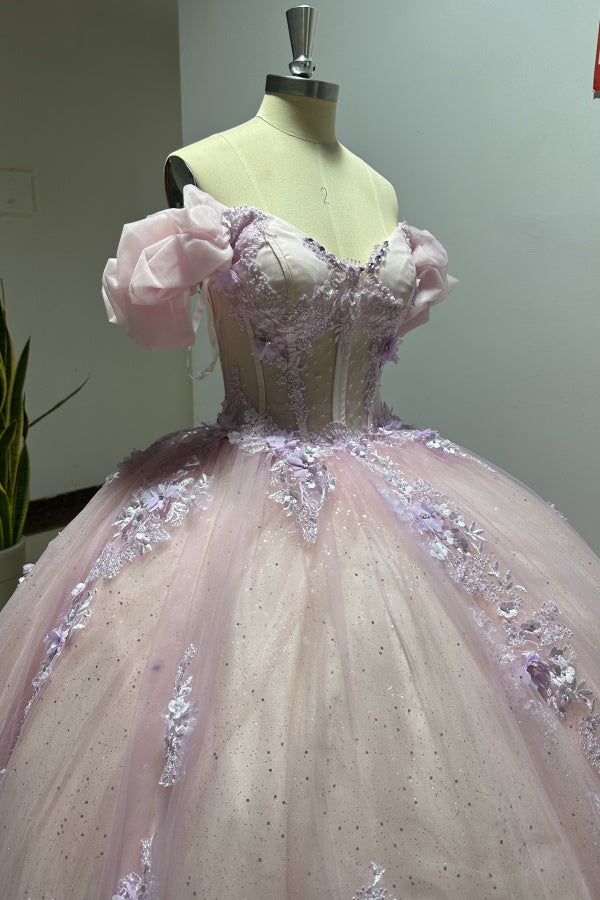 Pink Tulle Princess Ball Gown Sweetheart Neckline with Puff Sleeves Lace Appliques & Beaded Details for Quinceanera Sweet 16 or Evening Galas