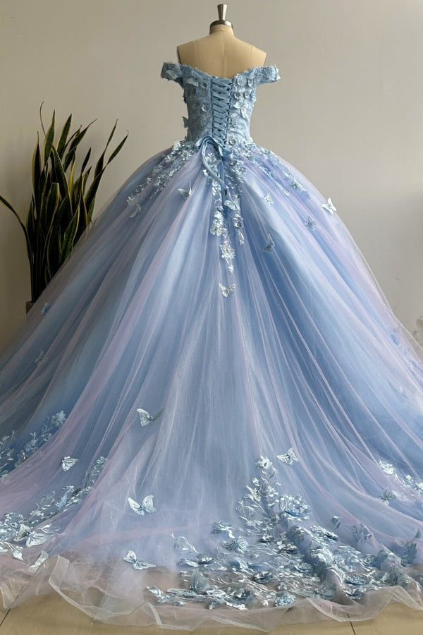 Lavender Quinceanera Dress Off-Shoulder Ball Gown with 3D Butterfly Lace Appliques & Lace-Up Corset