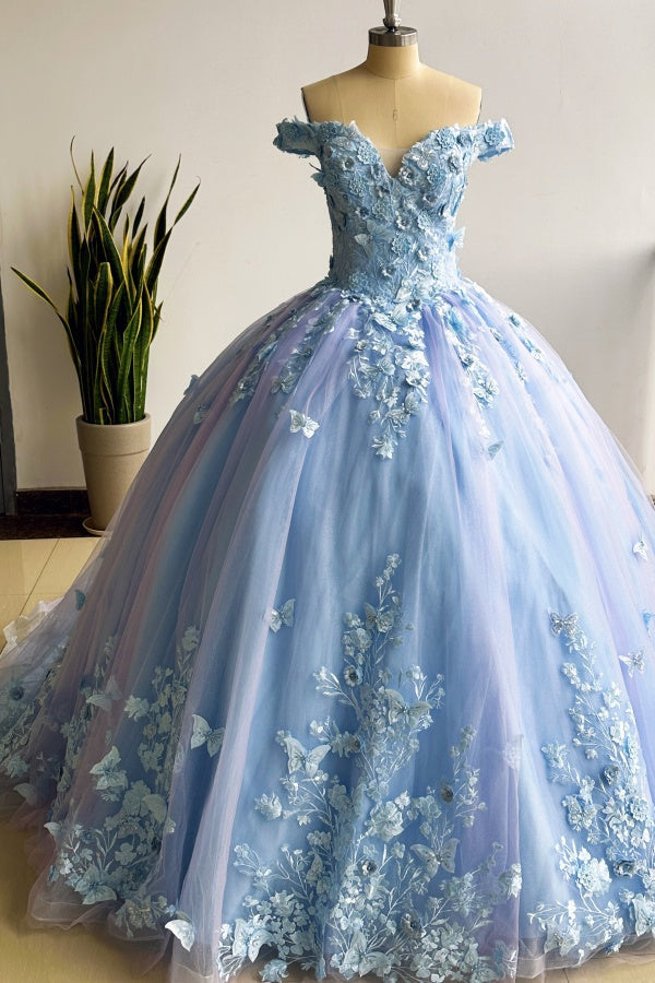 Lavender Quinceanera Dress Off-Shoulder Ball Gown with 3D Butterfly Lace Appliques & Lace-Up Corset