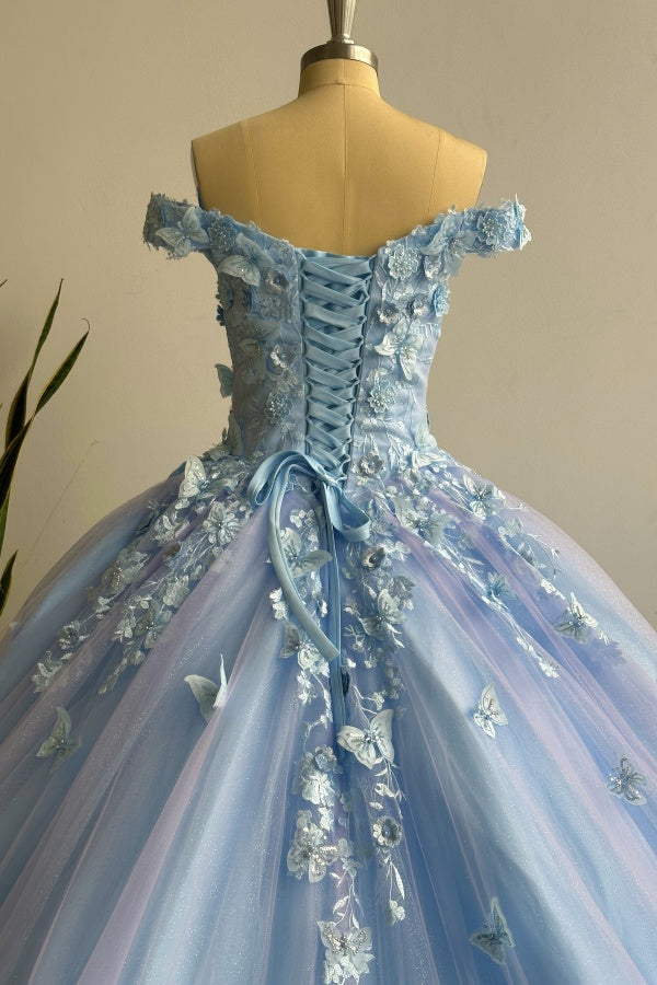 Lavender Quinceanera Dress Off-Shoulder Ball Gown with 3D Butterfly Lace Appliques & Lace-Up Corset