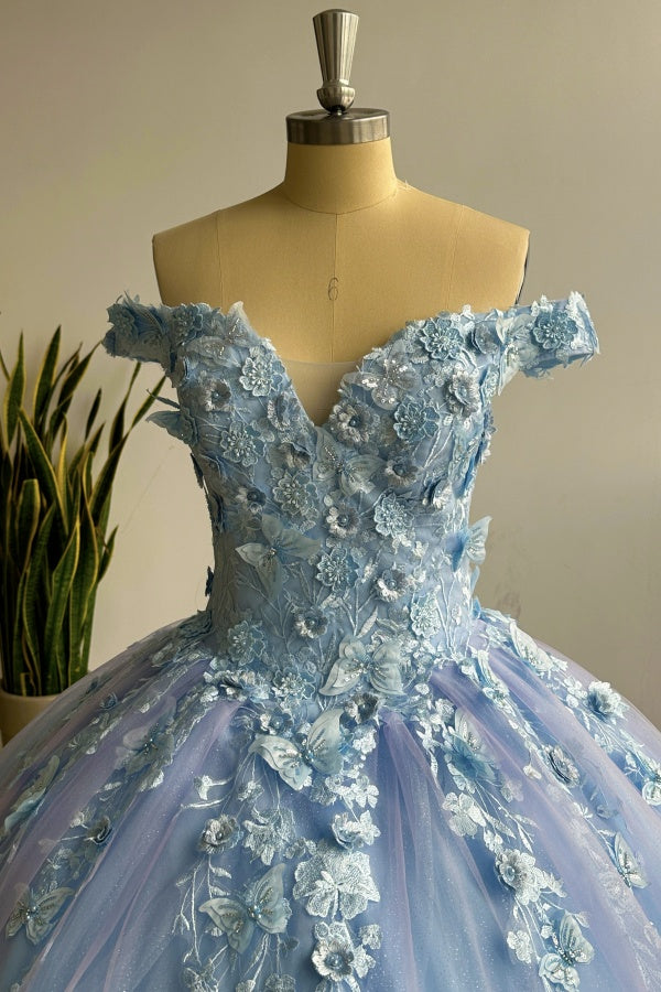Lavender Quinceanera Dress Off-Shoulder Ball Gown with 3D Butterfly Lace Appliques & Lace-Up Corset