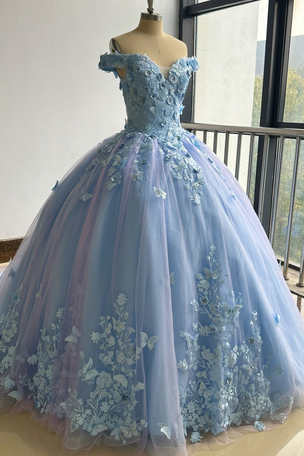 Lavender Quinceanera Dress Off-Shoulder Ball Gown with 3D Butterfly Lace Appliques & Lace-Up Corset