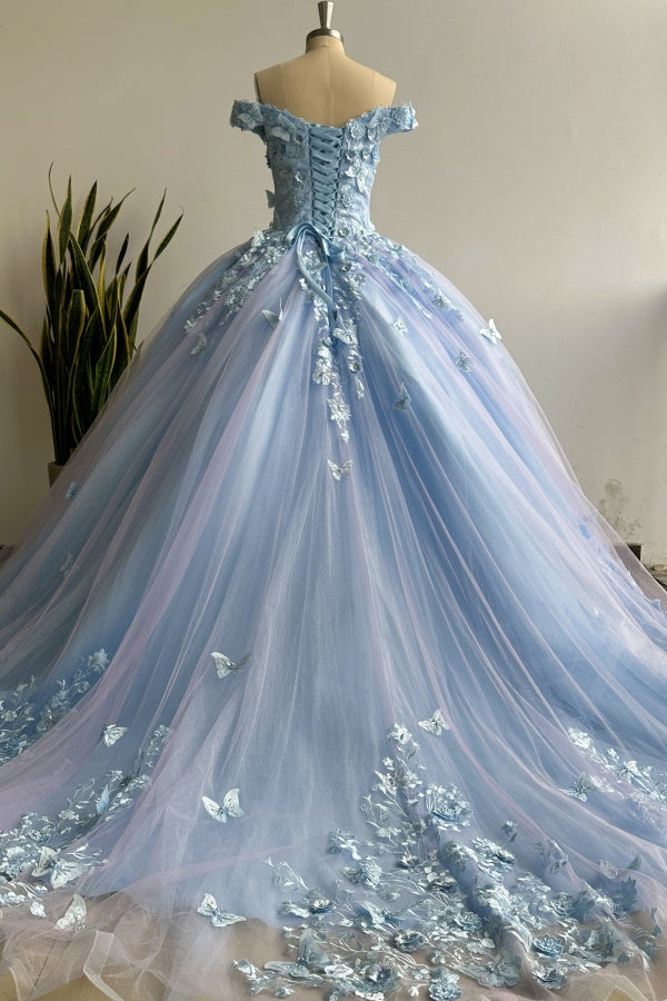 Lavender Quinceanera Dress Off-Shoulder Ball Gown with 3D Butterfly Lace Appliques & Lace-Up Corset