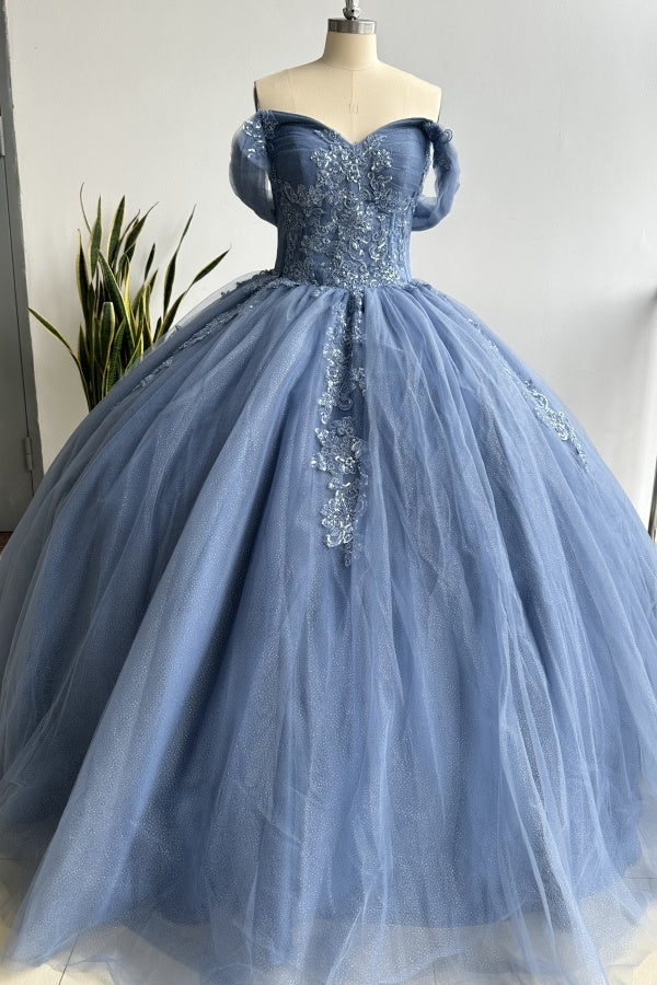 Navy Blue Off-Shoulder Ball Gown Pleated Tulle Quinceanera Dress with Lace-Up Back & Applique Details for Sweet 16 & Birthday Parties
