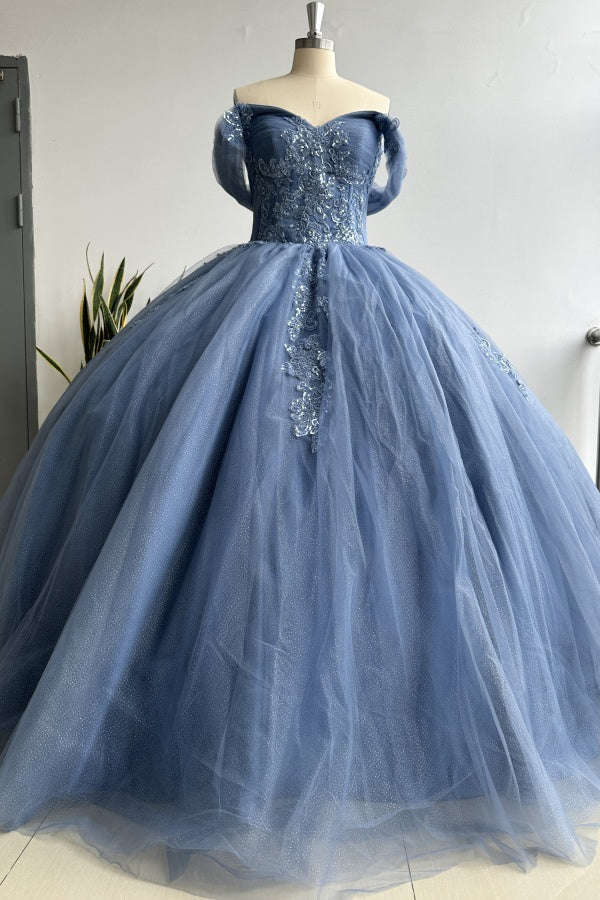 Navy Blue Off-Shoulder Ball Gown Pleated Tulle Quinceanera Dress with Lace-Up Back & Applique Details for Sweet 16 & Birthday Parties
