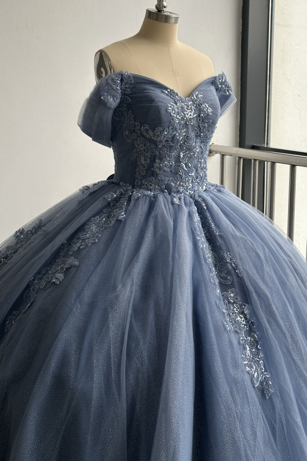 Navy Blue Off-Shoulder Ball Gown Pleated Tulle Quinceanera Dress with Lace-Up Back & Applique Details for Sweet 16 & Birthday Parties