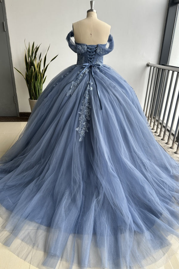 Navy Blue Off-Shoulder Ball Gown Pleated Tulle Quinceanera Dress with Lace-Up Back & Applique Details for Sweet 16 & Birthday Parties